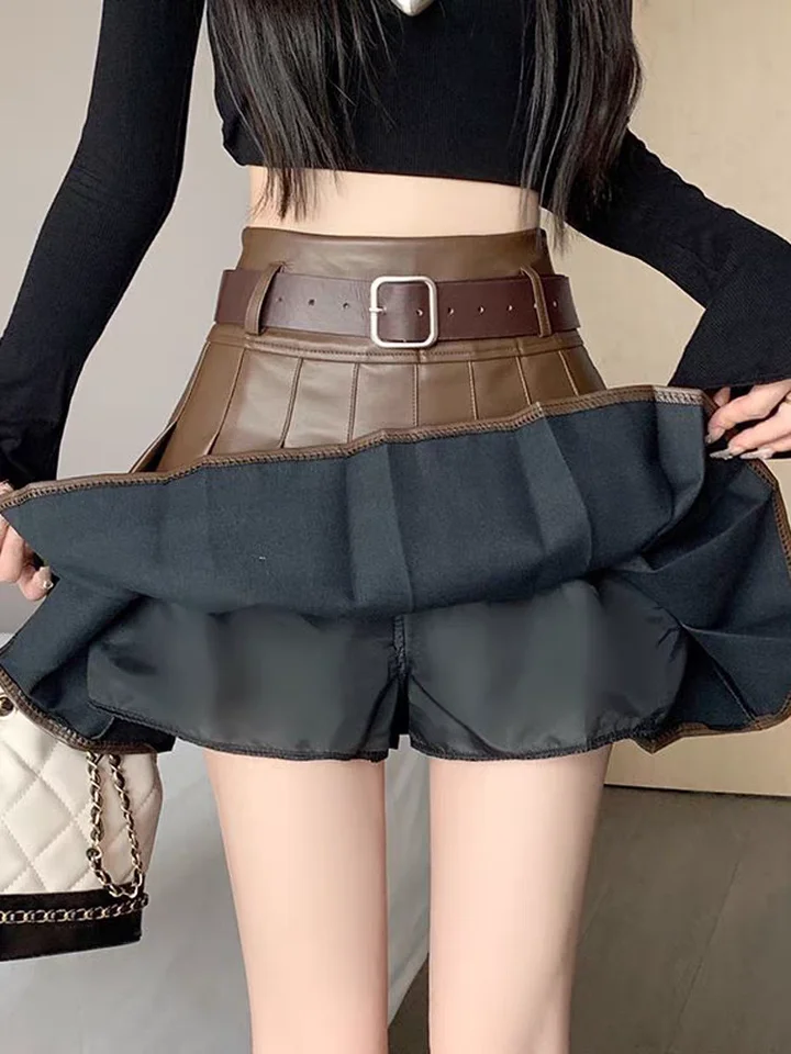 New 2025 Brown PU Leather Pleated Skirt: High Waist Slimming A