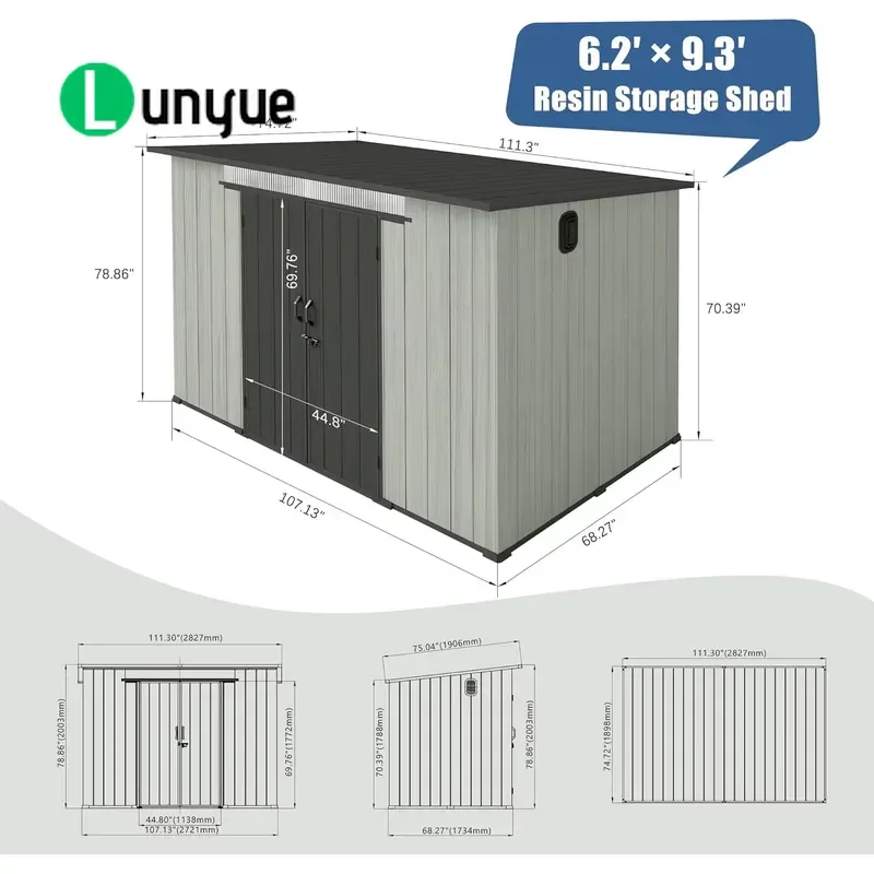 6x9ft Durable Resin Outdoor Storage Shed with Window Vents Lockable Double Doors Pitched Roof for Garden Patio Backyard Tool