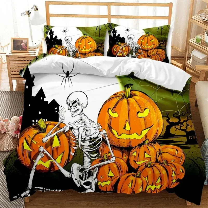 Cartoon Pumpkin Duvet Cover Gothic Halloween Skull Bedding Set Polyester Lantern Ghost Comforter Cover King For Boys Girls Decor