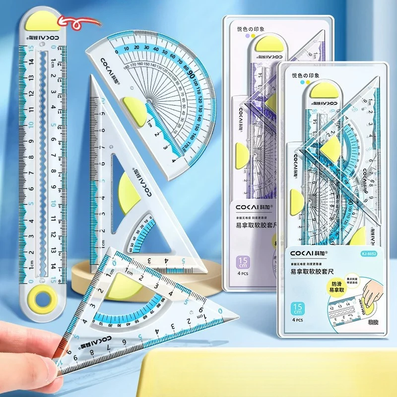 Silicone Non-slip Eye Protection Ruler Set Dual Scale Transparent Wave Line Student Stationery