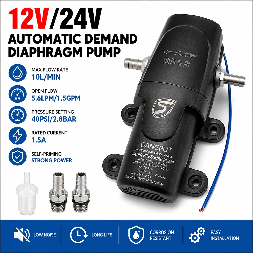 12V 24V Automatic Demand Diaphragm Water Oil Pump 5.6L/min Self-Priming Electric Transfer Pump Kit 40PSI
