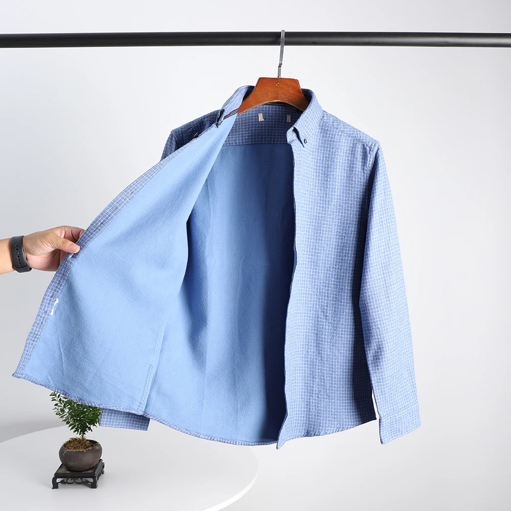 

Thiened Brued! Skin-friendly Warmth! Autumn Winter Men's Color Woven Plaid Versatile Commute Casual Long Sve irt