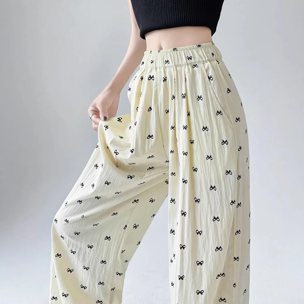 แฟชั่นโบว์กางเกงขากว้างผู้หญิงฤดูร้อนเอวสูงสลิมมิ่ง