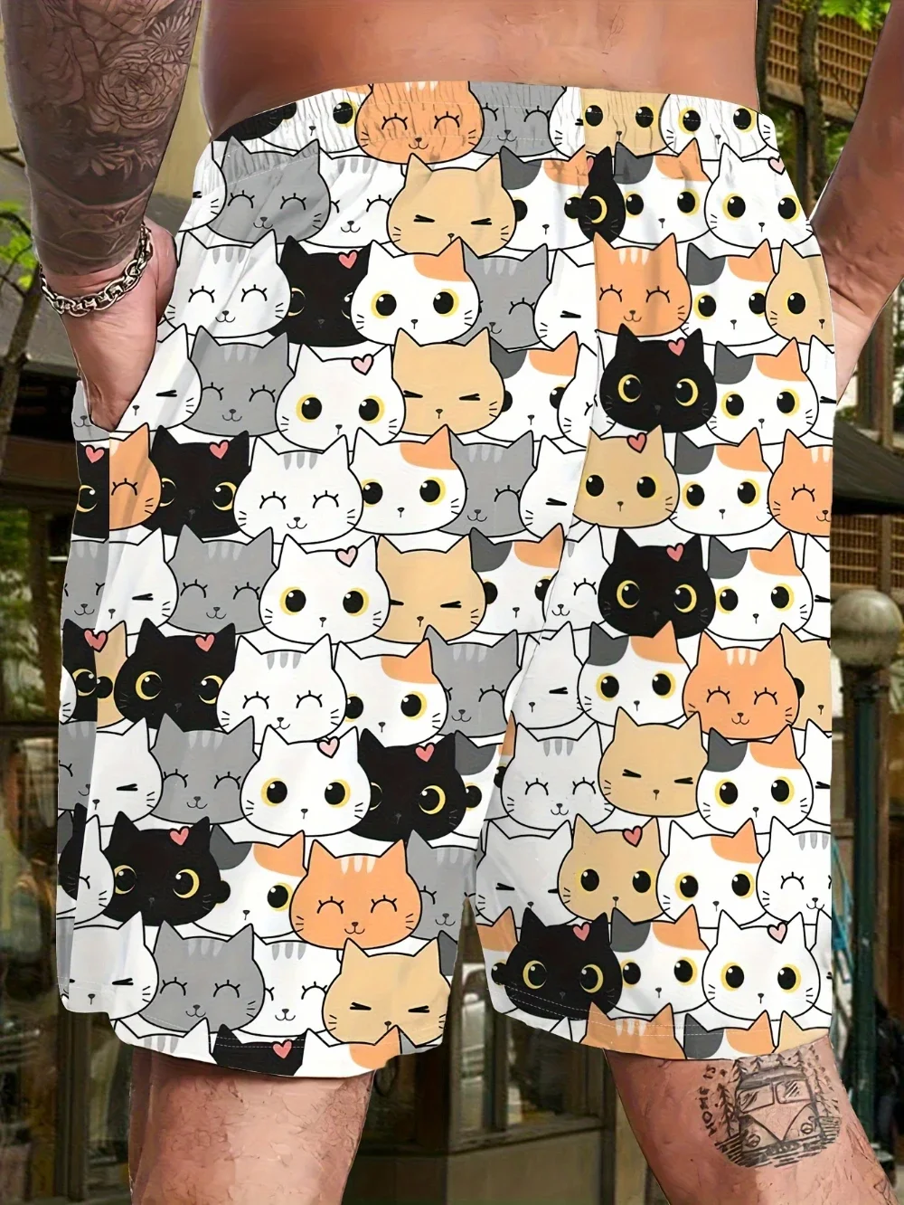 New Men's Casual Summer Beach Shorts with 3D Printed Cartoon Cat Patterns, Elastic Band Pockets, for Vacation, Surfing, Outdoor
