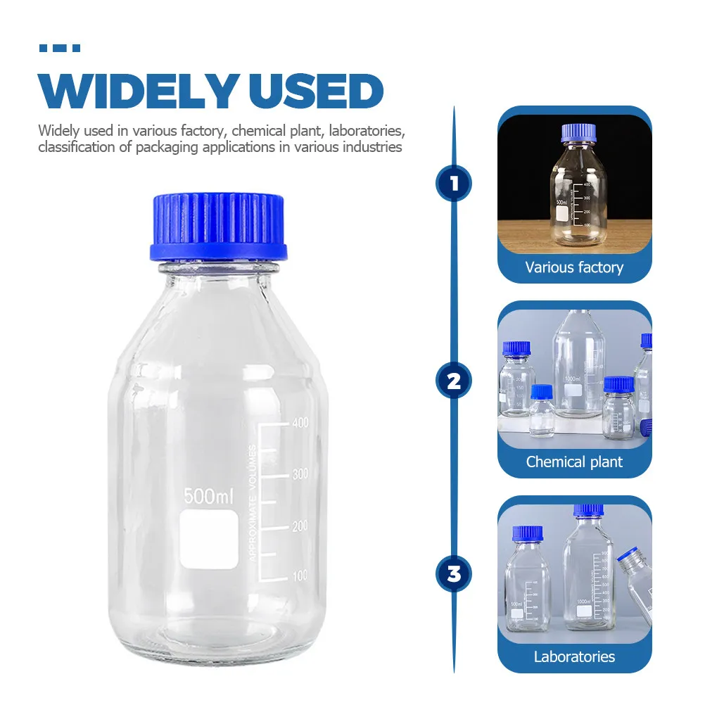 3Pcs Glass Reagent Bottles 500Ml Chemical Laboratory Sample Storage Bottle with Anti-Leak Sealed Cap for Lab Factory Chemical