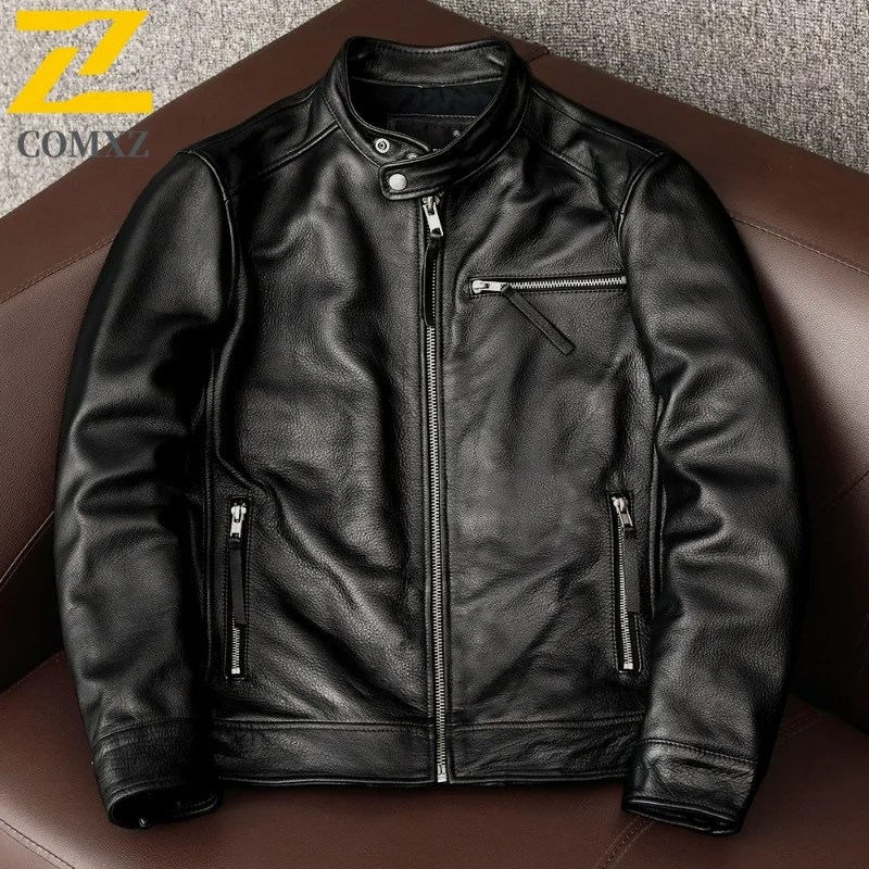 

COMXZ Men Leather Motorcycle Jacket Windproof Outdoor Luxury Minimalist Adventure Camping Jacket Hiking High Quality Trench Coat