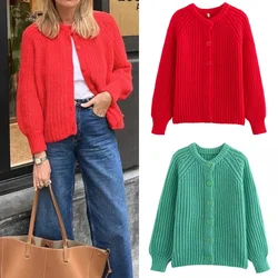 Solid colour knitted cardigan women's jumper 2024 Spring cropped O-neck long-sleeved top Korean jacket Elegant fashion jumper