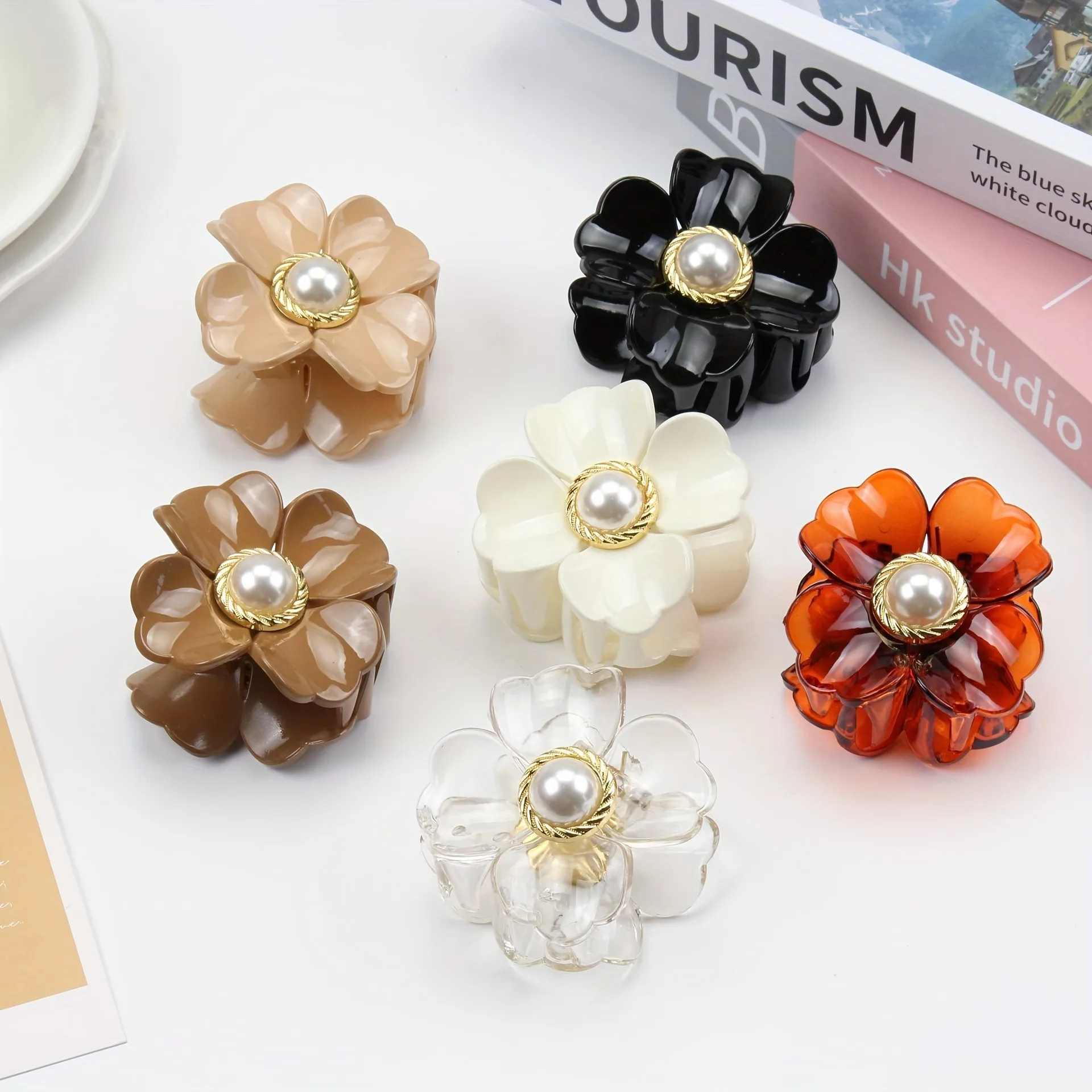 Elegant Flower Shaped Hair Claw Clips With Faux Pearl Decor, Nonslip Hair Clips For Women, Strong Hold Hair Accessory