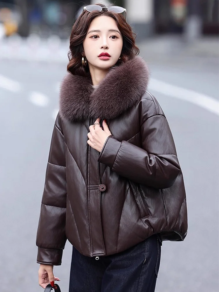 Neue Frauen Fuchs Pelz Kragen Split Leder Unten Jacke Winter Mode drehen-unten Kragen Lose Taille Kurze Unten Mantel lässig Warme Mantel