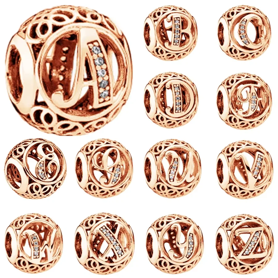 26 Sparkling English letters Sphericity Rose Gold Beads DIY Name Charm Jewelry Fit Original 925 Sterling Silver Pandora Bracelet