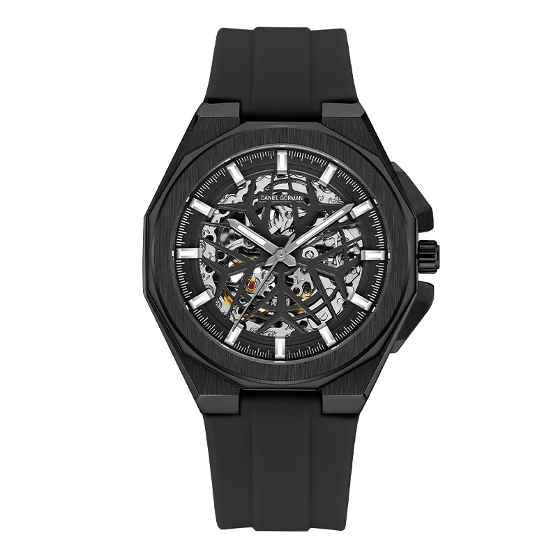 Luxury Men Skeleton Automatic Watch Stainless Steel Luminous Hands 5ATM Waterproof Silicone Strap Elegant Functional Wristwatch