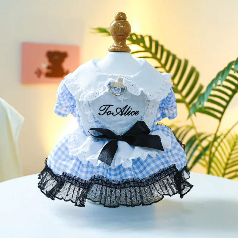 

Pet Dog Dress Blue White Plaid Peter Pan Collar Spring Summer, New Pet Circle Fairy Tale Princess Gown for Small Breeds