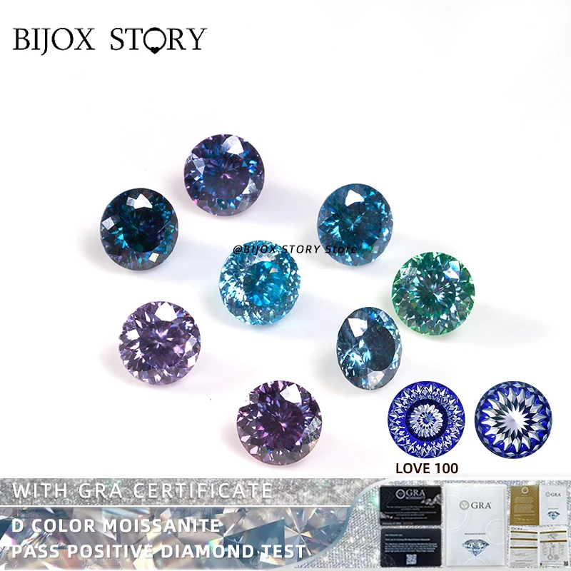 

BIJOX STORY Certificated Multi Colors VVS1 Love 100 Cut 1 Carat Round Shape Moissanite Loose Fine Jewelry Stone For Jewelry DIY