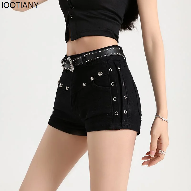 Summer Y2k Sexy Low Waist Mini Denim Shorts Women Vintage Korean Popular Girls Slight Strech Streetwear Gothic Rivet Black Jeans