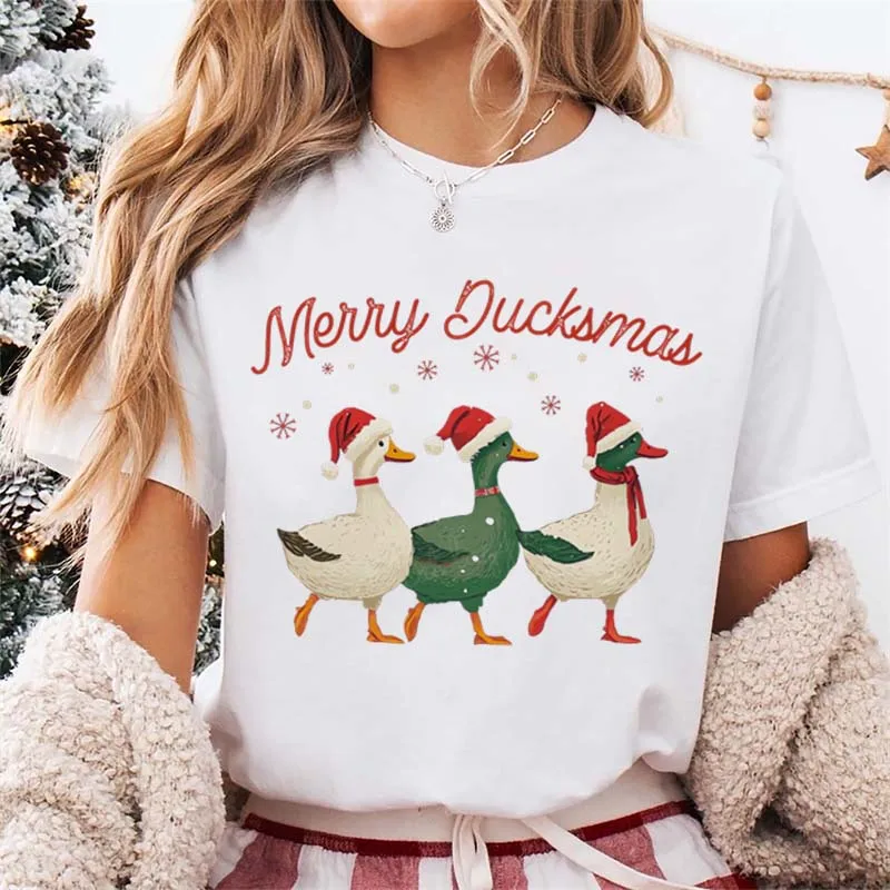 Merry Ducksmas Graphic T-Shirt Christmas Short Sleeve Harajuku O-Neck Women's Funny Duck Graphic Tee Holiday Basic Women's T-Shi