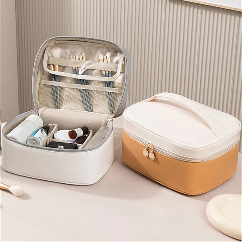 Borsa cosmetica con scomparto in PU borsa da toilette a strati di grande capacità borsa da viaggio portatile contenitore per trucco impermeabile per