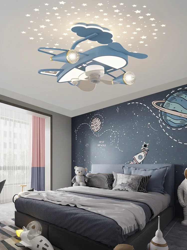 Children'sRoom Fan Chandelier Nordic Creative Airplane Full Spectrum Eye Protection Light Boys Room Invisible Silent Ceiling Fan