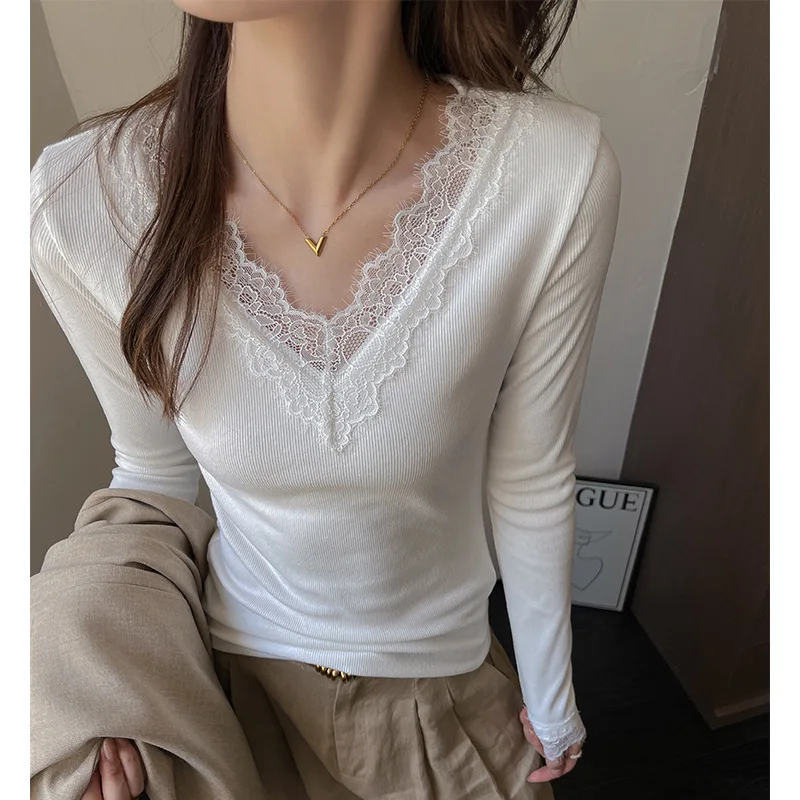 White Long Sleeve Base Shirt Women's Spicy V-neck Lace Trim Inner And Outer Wear Slimming Shoulder Level Top