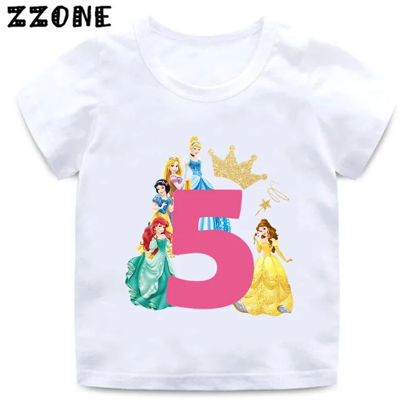 Disney Princess Number Print Kawaii Girls Clothes 1 2 3 4 5 6 7 8 9 Years Birthday Cartoon Kids T shirt Baby Children T-Shirt