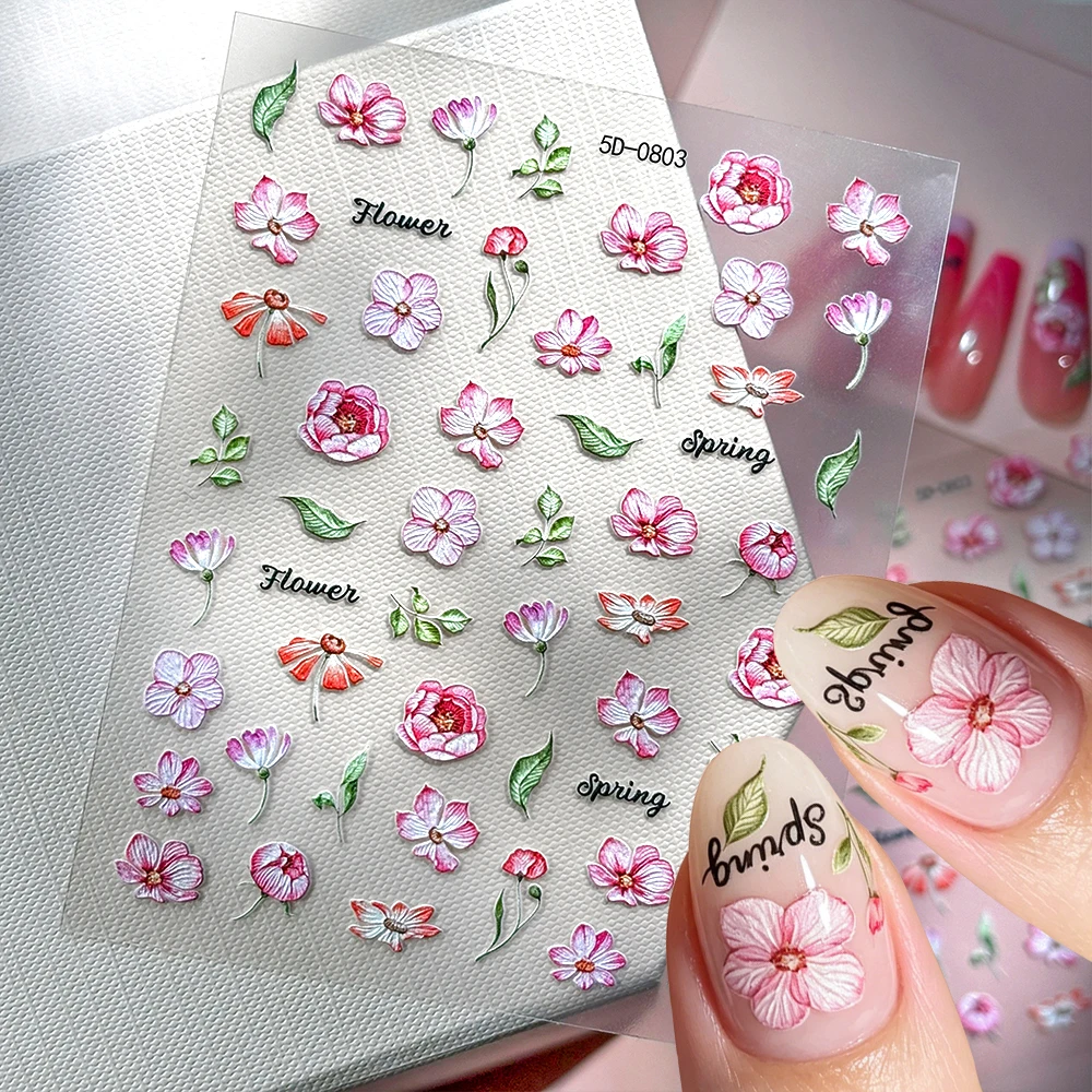1 Hoja de Pegatinas para Uñas con Hibisco Rosa Acuarela, Calcomanías de Uñas con Flores en Relieve de Girasol y Gerbera, Deslizadores de Manicura con Hojas Verdes