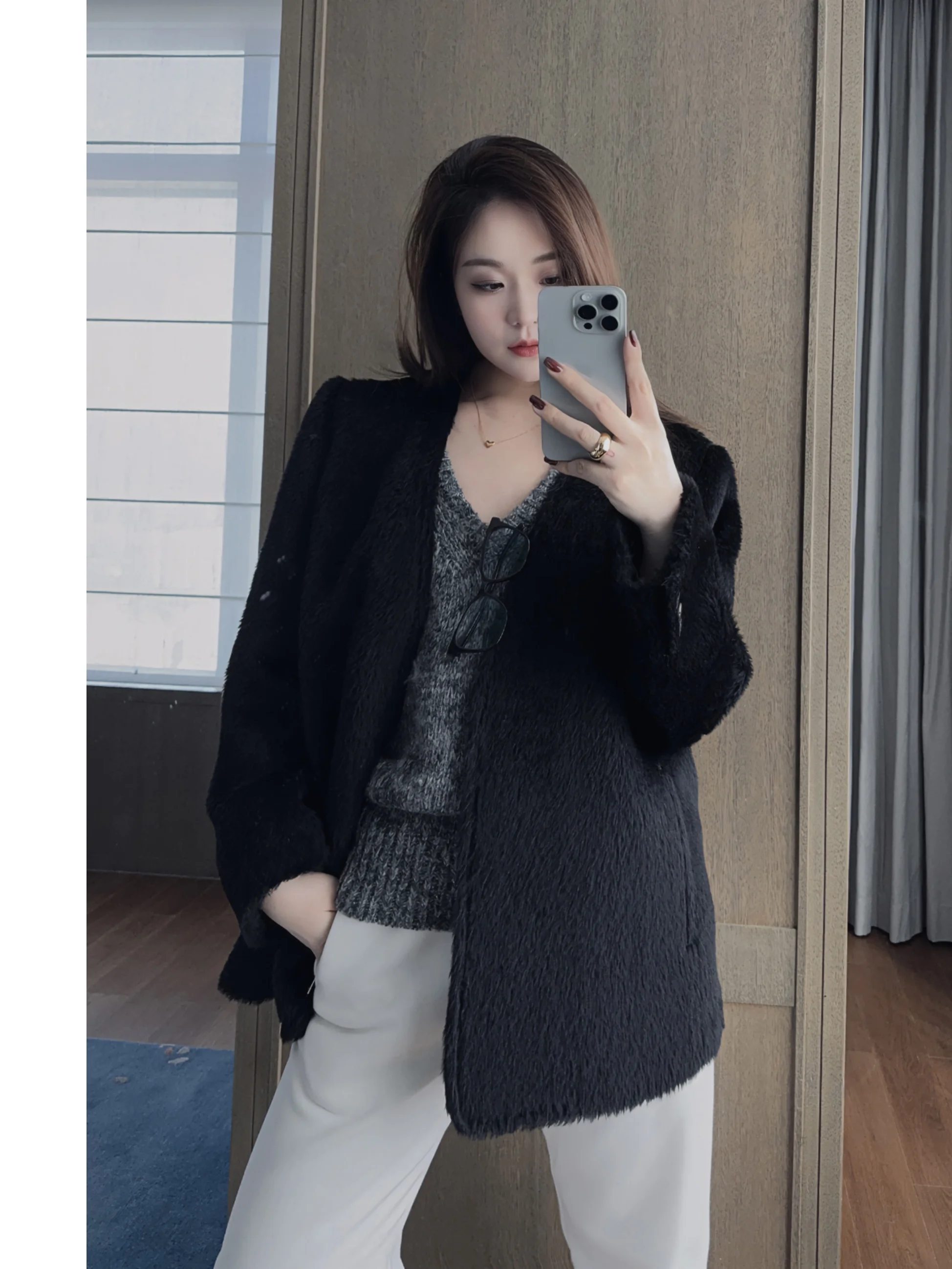 

Osenso New York Зимний простой пиджак без воротника из шерсти и верблюжьей шерсти, верхняя одежда с длинными рукавами, цвет: 62% альпака, 38% шерсть