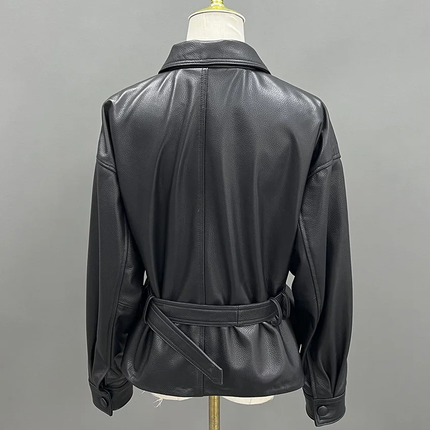 JANEFUR Cappotto primaverile da donna Elegante giacca da donna in vera pelle Cintura con risvolto Pelle di pecora Nero Office Lady JFB6-25006