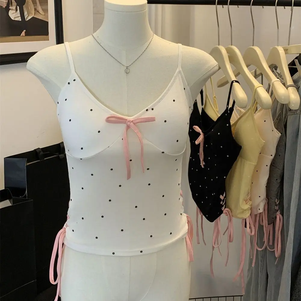 

Sweet Dots Strap Vest Tops Tank Lace-up Camisole with Pads Drawstring Sleeveless Y2K Slim Crop Top Girls