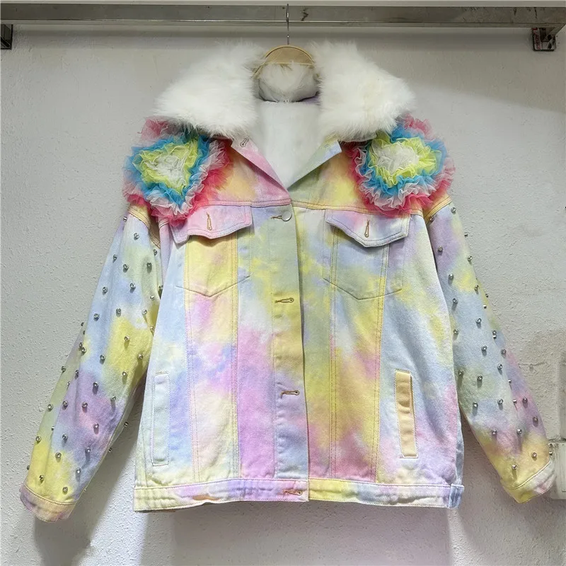 Heavy Work Beaded Heart Flowers Mesh Tie-Dyed Gradient Denim Jacket Women Casual Long Sleeve Warm Faux Fur Liner Jeans Jacket