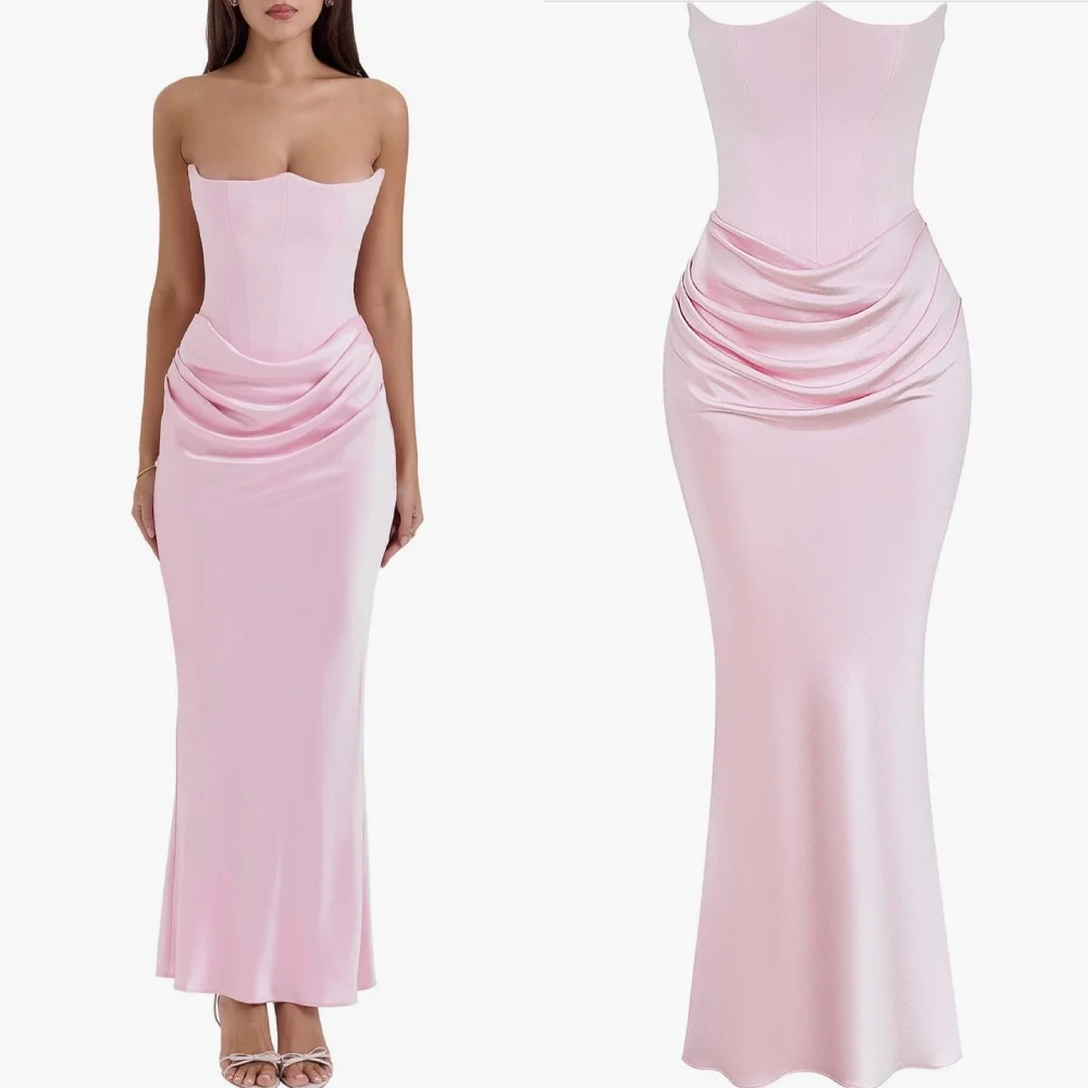 

Customized Classic Charmeuse Pleat Ruched Straight Strapless Long Dresses Bespoke Occasion Dresses Simple Fashion Elegant Retro