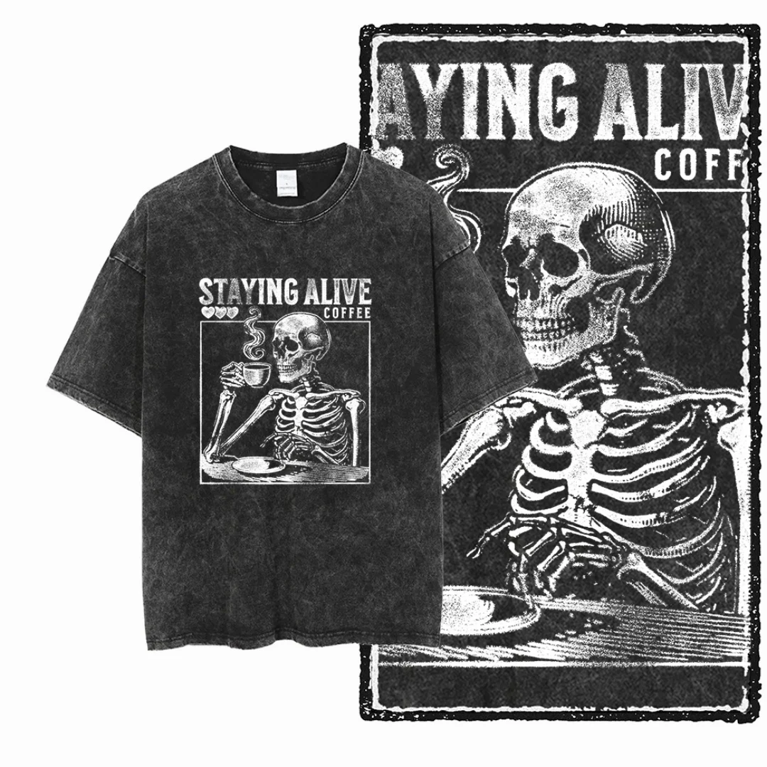 

Vintage Washed Skeleton Drinking Coffee Graphic Staying Alive Slogan Men T Shirt Oversized Black T-Shirt Worn-in Casual
