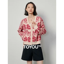 Toyouth Women Knit Cardigan 2024 Spring Long Sleeve V Neck Loose Sweater Dragon Year Customized Jacquard Fashion Red Outwear