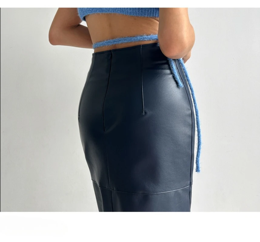 Leather Long Skirts for Women Autumn Winter Solid Black Apricot Pu Leather Straight Skirt Office Lady High Waist  Fashion