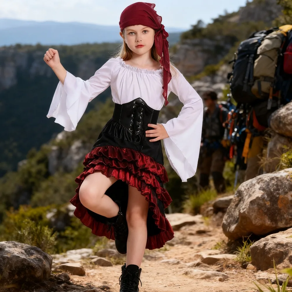 

Милый костюм пирата для родителей и детей — ретро-костюм на Хэллоуин с высокой талией и рюшами по подолу