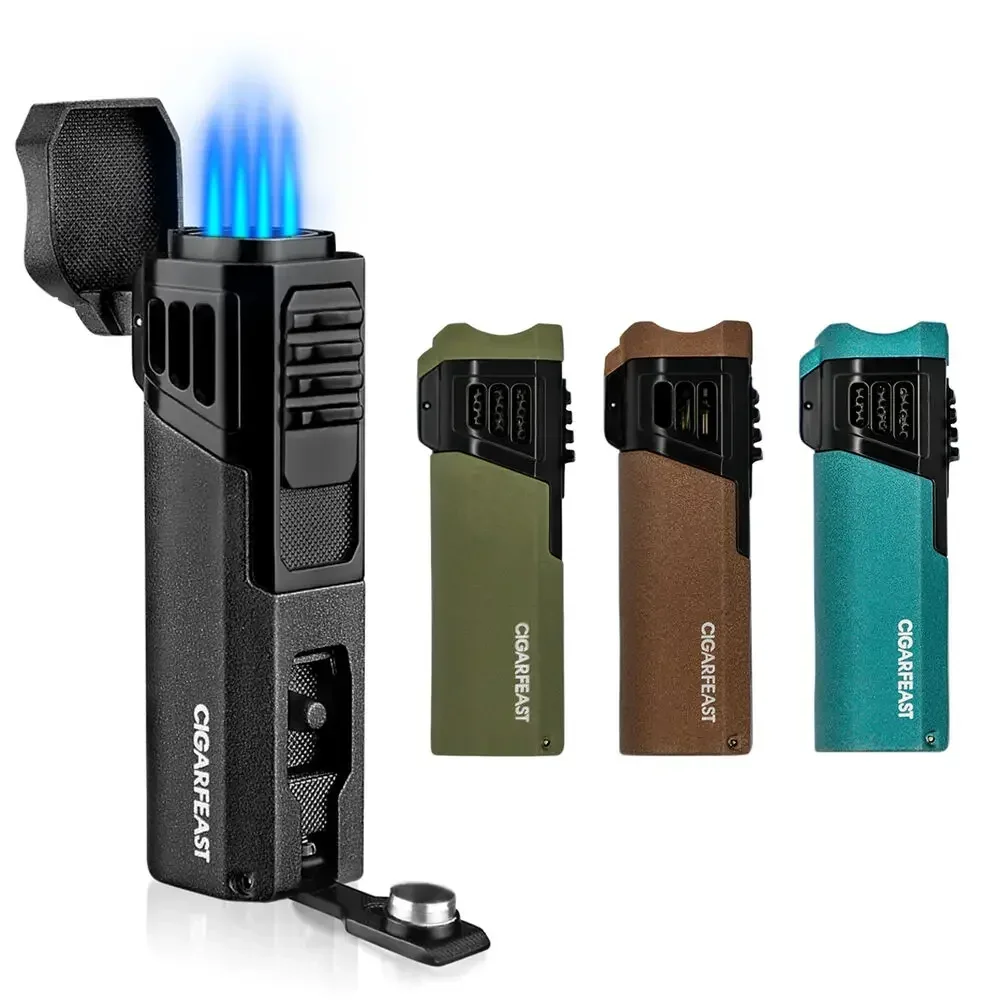 CIGARFEAST Cigar Torch Lighter Butane Refillable Smoking Weed Windproof  with Cigar Punch Mini Torch Holder on Top