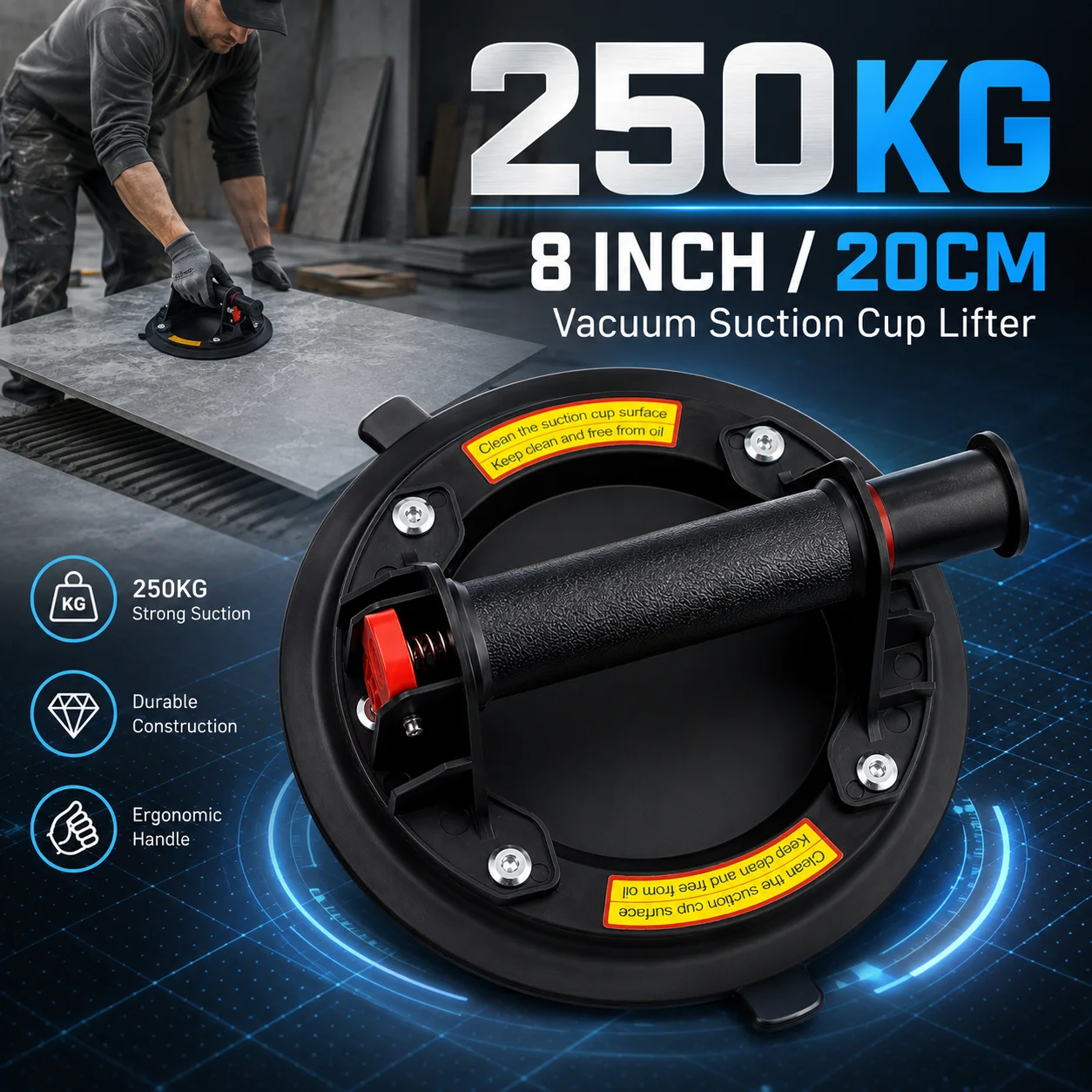 8インチ業務用真空吸盤リフター、220kg耐荷重ガラスプーラー（花崗岩、大理石、タイル、フロントガラス用）