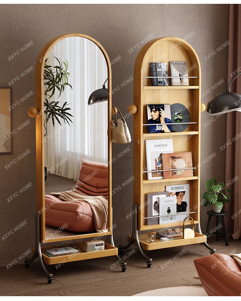 

Solid wood full mirror floor mirror household bookshelf storage integrated rotating floor full-length mirror FT