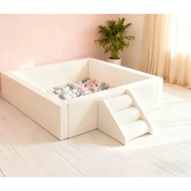 White and pink pastel square ball pit slides are popular soft games for toddlers and adults for residential and amusement parks