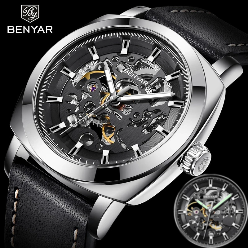 

2021 New BENYAR Hollowed-out Automatic Mechanical Watch Watches Men's Business Fashion Leather Strap Waterproof Wristwatches