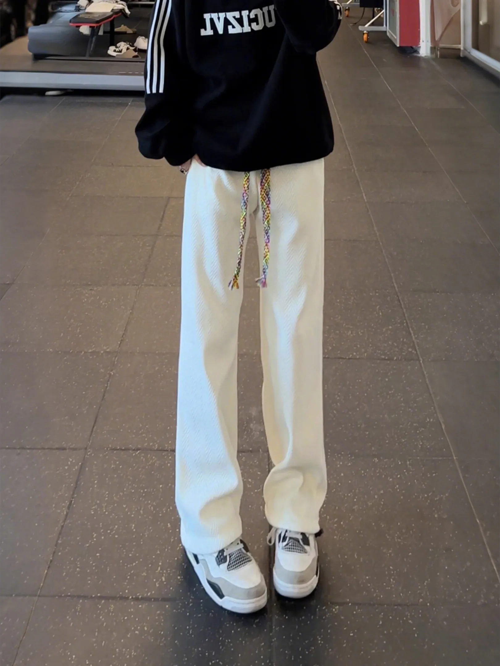 

Thiened Fce Men's White Autumn Winter Straight Leg Slimming American Sle Casual Pants Cleanfit Polyester Fiber