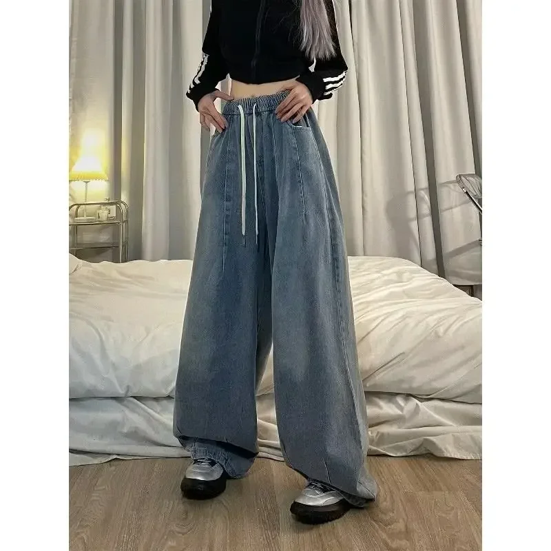 Jeans larghi vintage da donna primaverili Pantaloni americani oversize in vita elastica Denim Gamba larga Streetwear Pantaloni basic dritti Y2k