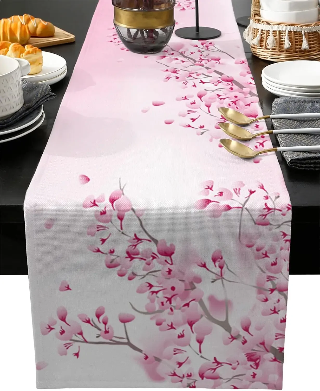 Spring Pink Cherry Blossom Linen Table Runner Wedding Party Decorstion Seasonal Summer Flowers Table Runners Dresser Scarf Decor