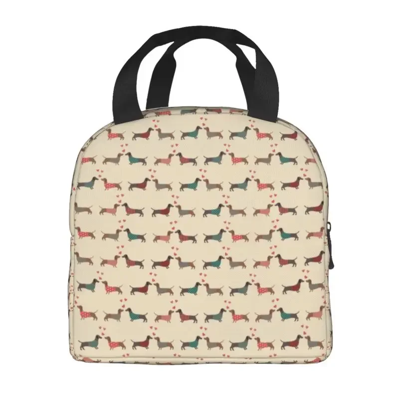 Couple Dachshund Dog Pattern With Heart Insulated Lunch Bag for School Office Sausage Dackel Resuable Cooler Thermal Lunch Box