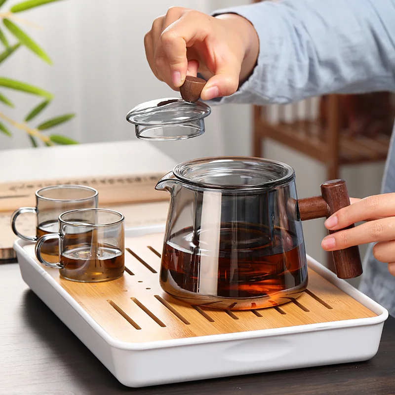 Glass Teapot High Temperature Glass Kettle Tea Set Wooden Handle Double Layer Filter Tea Infuser Household Kitchen Container