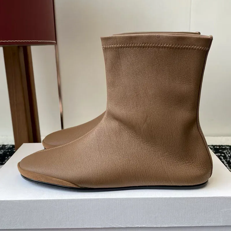 

New Flat Ankle Boots For Women Round Toe Slip-on Stretch Boots Runway Shoes Women Genuine Leather Short Boots Woman Botas Mujer