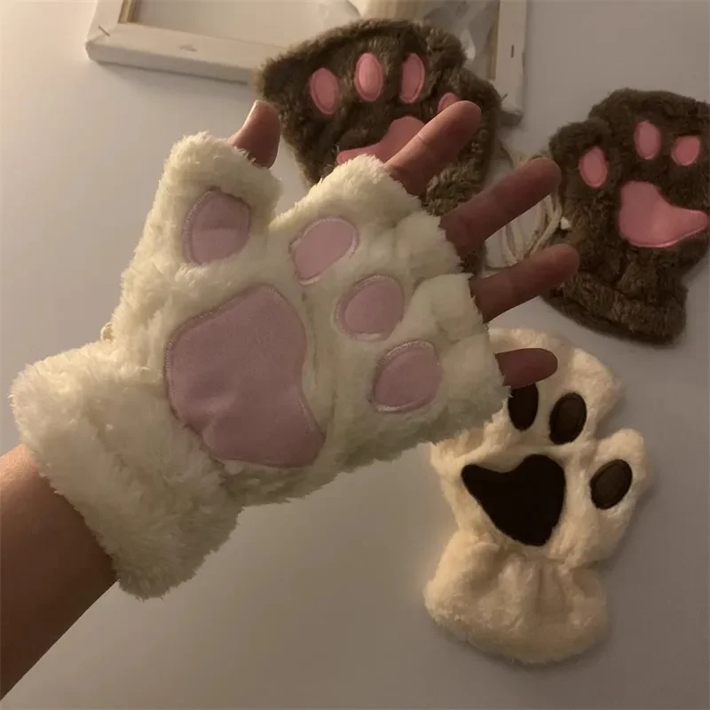 Guantes de medio dedo con garra de gato para mujer, mitones de felpa, cálidos, suaves, cortos, sin dedos, mullidos, oso