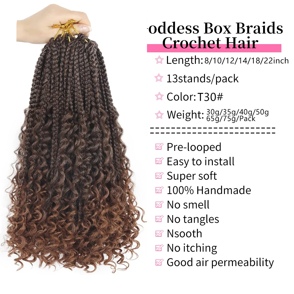 Deusa caixa tranças de crochê cabelo com extremidades encaracoladas 1/8 pacotes bohomian caixa tranças de crochê trança sintética extensão do cabelo