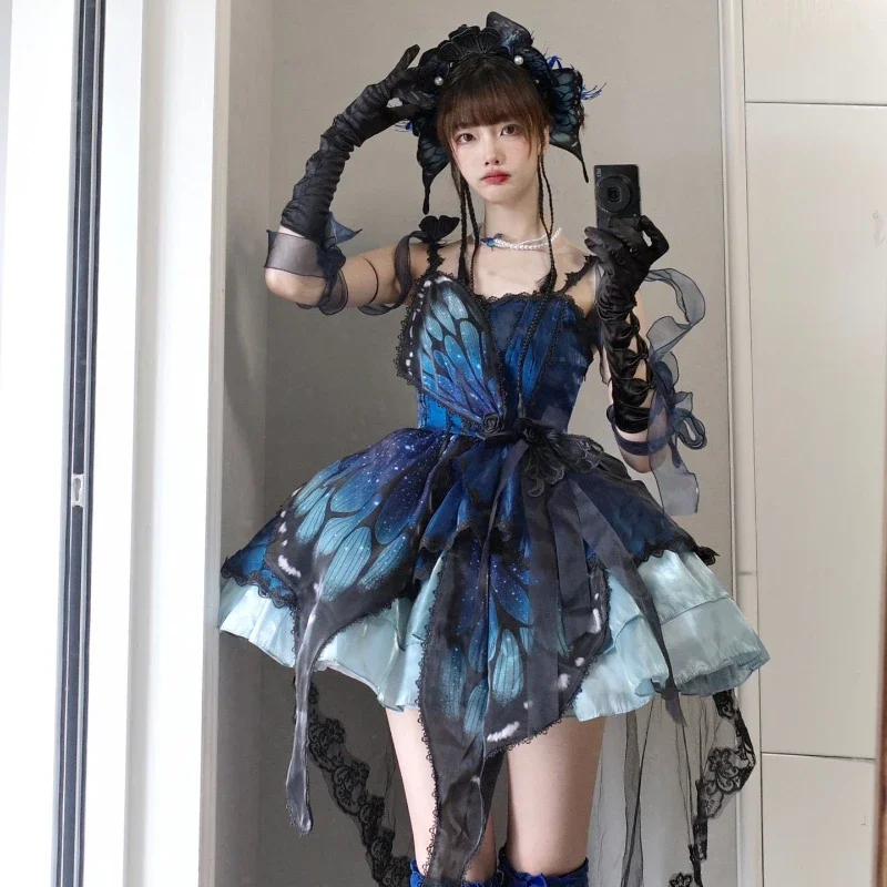 

Japanese Harajuku Y2k Lolita Style Dress Women Vintage Gothic Halloween Cosplay Party Dresses Girls Sweet Butterfly Print Dress