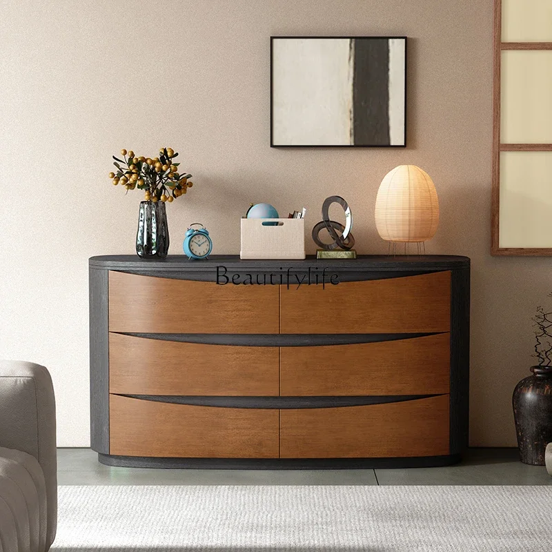 

Italian minimalist saddle leather dining side cabinet modern light luxury solid wood six chest cabinet bedroom storage