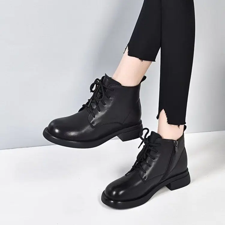 

Real Soft Leather Boots Women's Retro Low Heel round Head Fce Lined Warm Versatile ort Boots Briti Sle Waterp...
