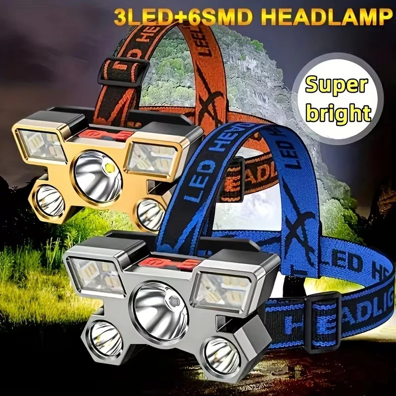 5LED High Bright Headlamp Rechargeable Waterproof Head Flashlight with 18650 Battery Outdoor Camping Fishing Hiking Headlight